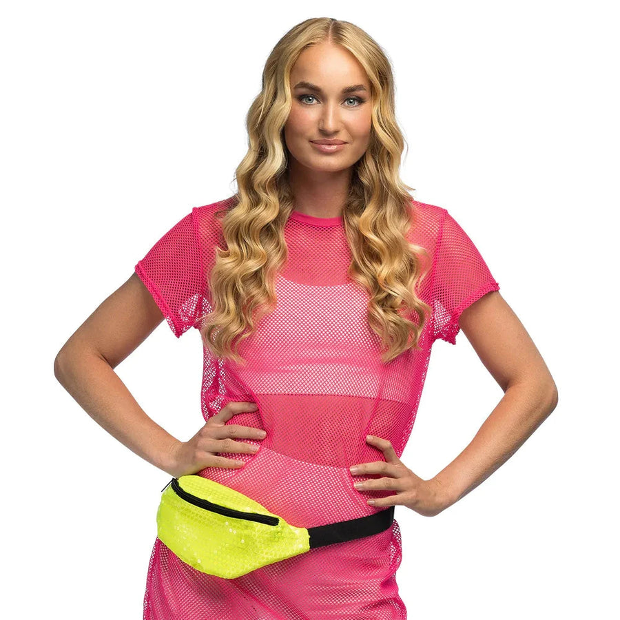 Boland Neon Gelb Pailletten Gürteltasche – Retro 80er 90er Bauchtasche – Detailansicht