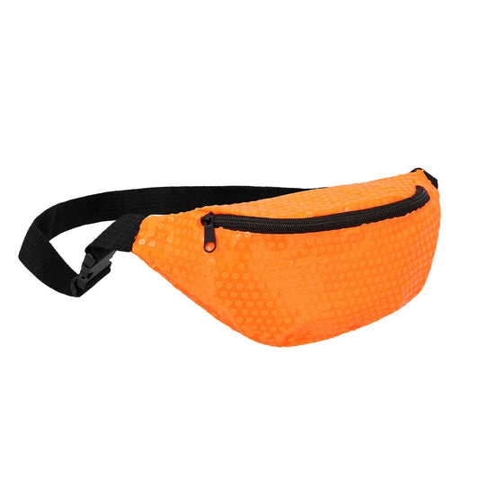 Neon-orange Bauchtasche mit Pailletten, ideal für 90er-Partys und Festivals.