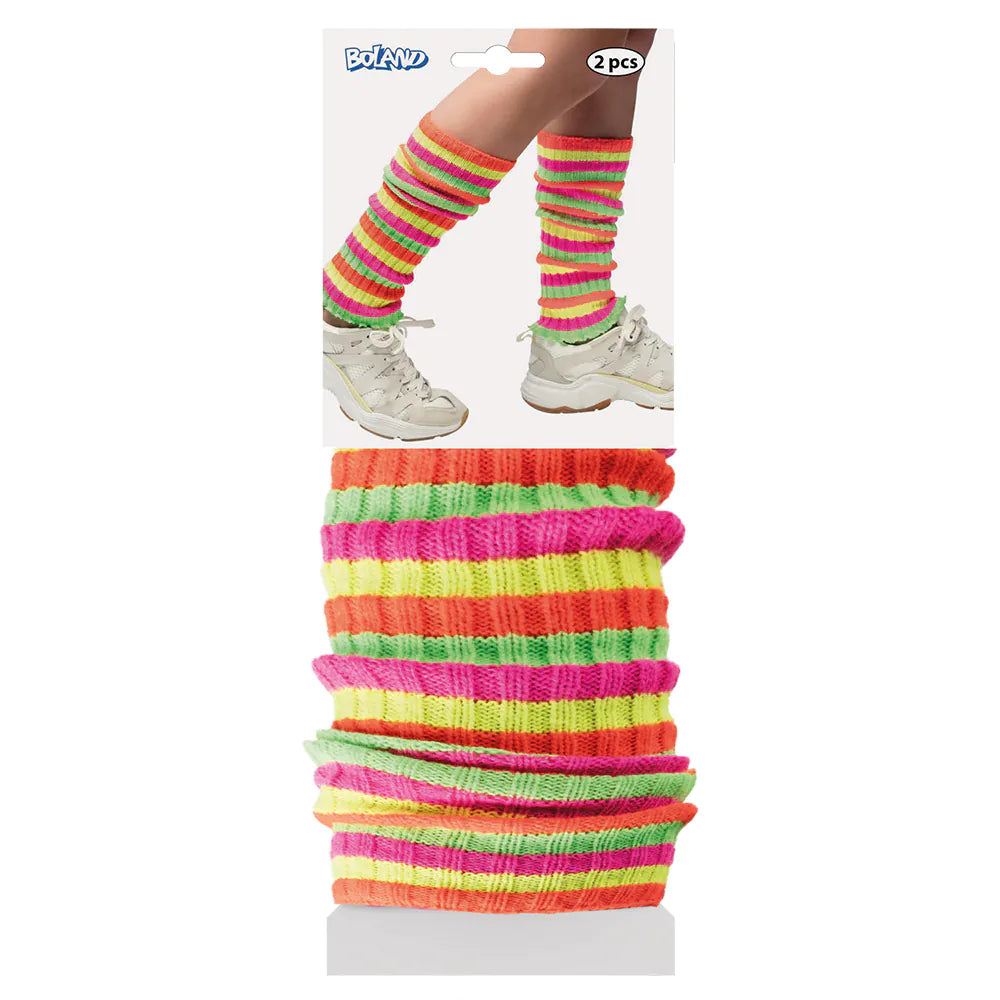 Neon Regenbogen gestreifte Beinstulpen in leuchtenden Farben im Retro-Stil der 90er.