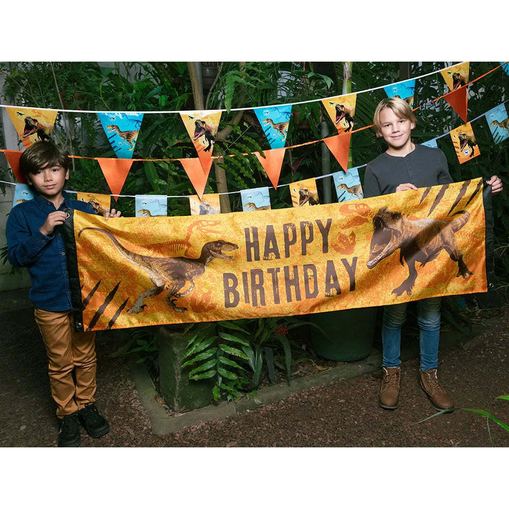 Buntes T-Rex Happy Birthday Banner in Dinosaurier-Design, 205 cm lang, zur Dekoration.