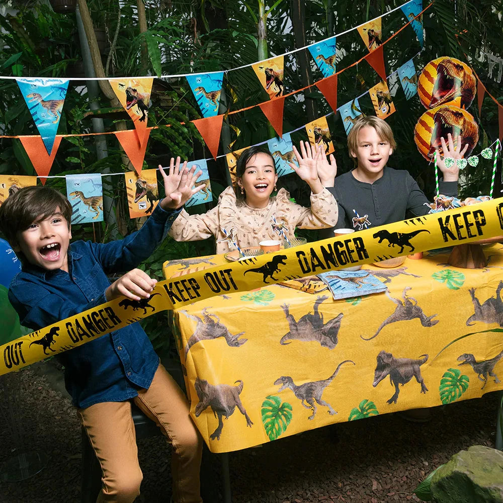 Buntes T-Rex Happy Birthday Banner mit Dinosaurier-Motiven, 205 cm lang, für Partys.
