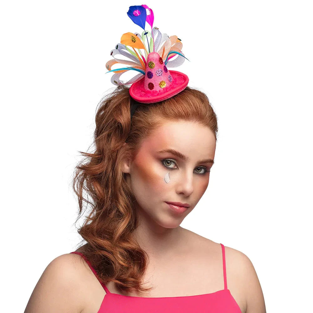 Bunter Haarreifen mit Hut und Glocke, ideal für Clown-Kostüme und Partys.