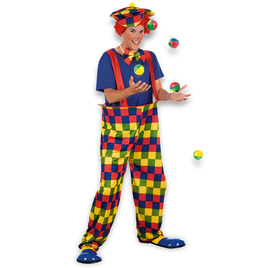 Gestreiftes Jumpsuit-Set in bunten Farben mit passendem Clown-Hut und Fliege.