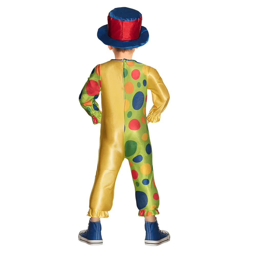 Buntes Clown-Kinderkostüm mit roten, blauen und gelben Paneelen für 3-4-Jährige.