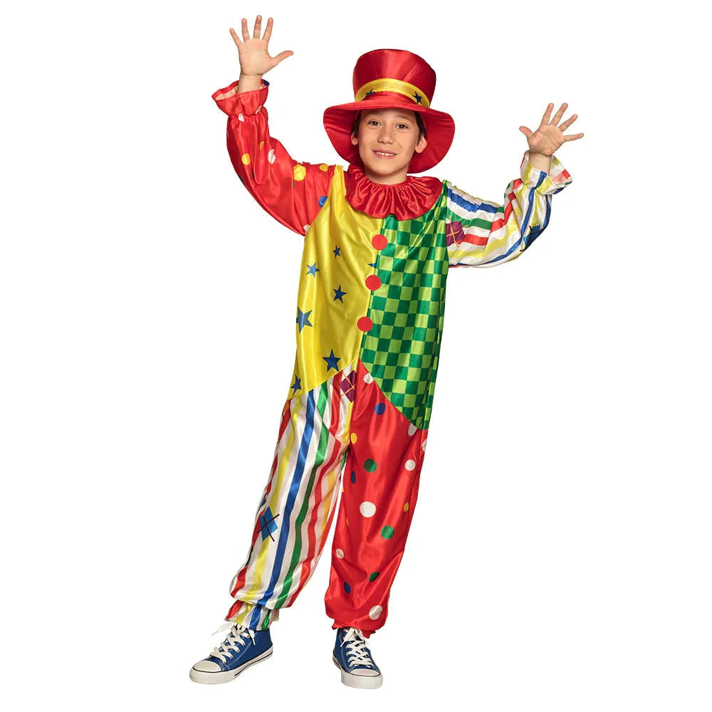 Buntes Clown Kostüm mit Jacke, Hose und Hut in leuchtenden Farben für Kinder.
