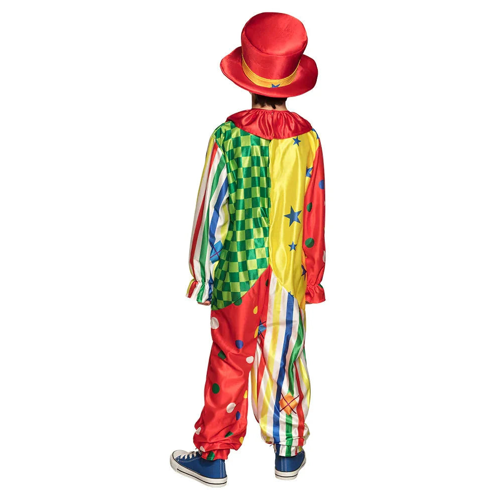 Buntes Clownkostüm mit Jacke, Hose und Hut in Blau, Rot und vielfältigen Farben für Kinder.