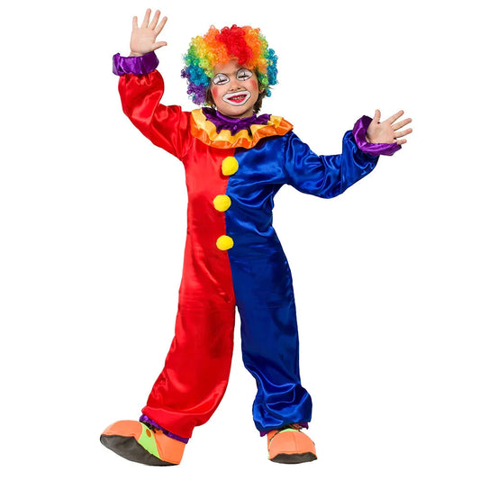 Buntes Kinder-Clownkostüm mit weichem Jumpsuit und buntem Kragen für Jungen und Mädchen