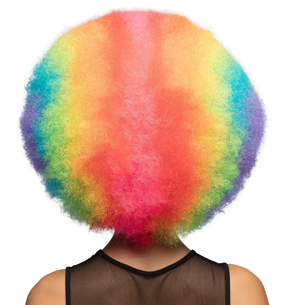 Bunte Afro Clownperücke mit dichten, regenbogenfarbenen Kunsthaaren und elastischem Band