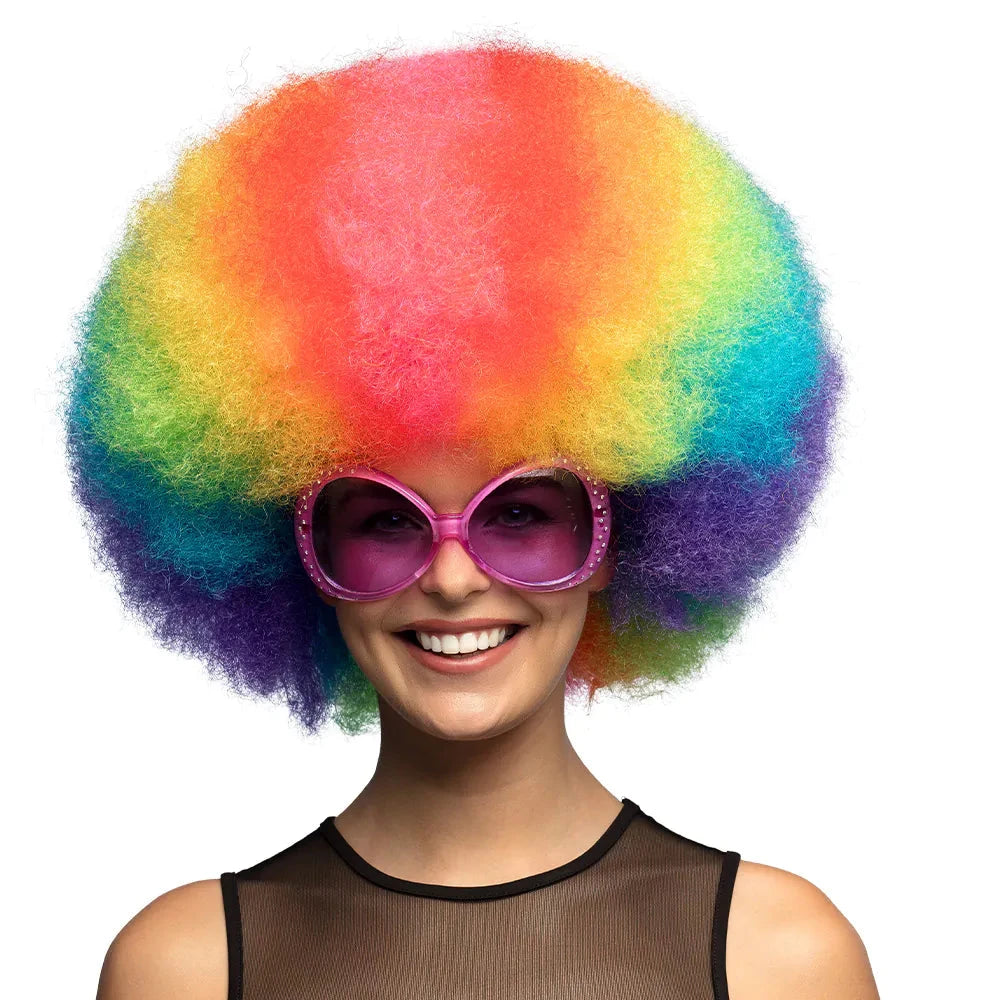 Bunte Afro-Clownperücke mit dichtem, regenbogenfarbenem Kunsthaar und elastischem Band