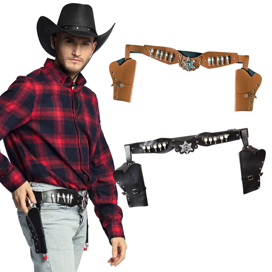 Doppeltes Cowboy-Holster aus PU-Leder in Braun und Schwarz, verstellbar bis 125 cm Taille.
