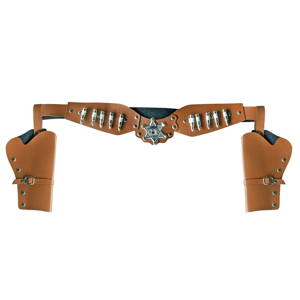 Brauner Cowboy-Holster aus echtem Leder mit doppelten Fächern und 125 cm verstellbarem Gürtel.
