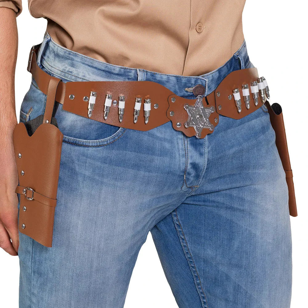 Brauner Cowboy-Holster aus echtem Leder mit verstellbarem 125 cm Gürtel und doppeltem Slot.