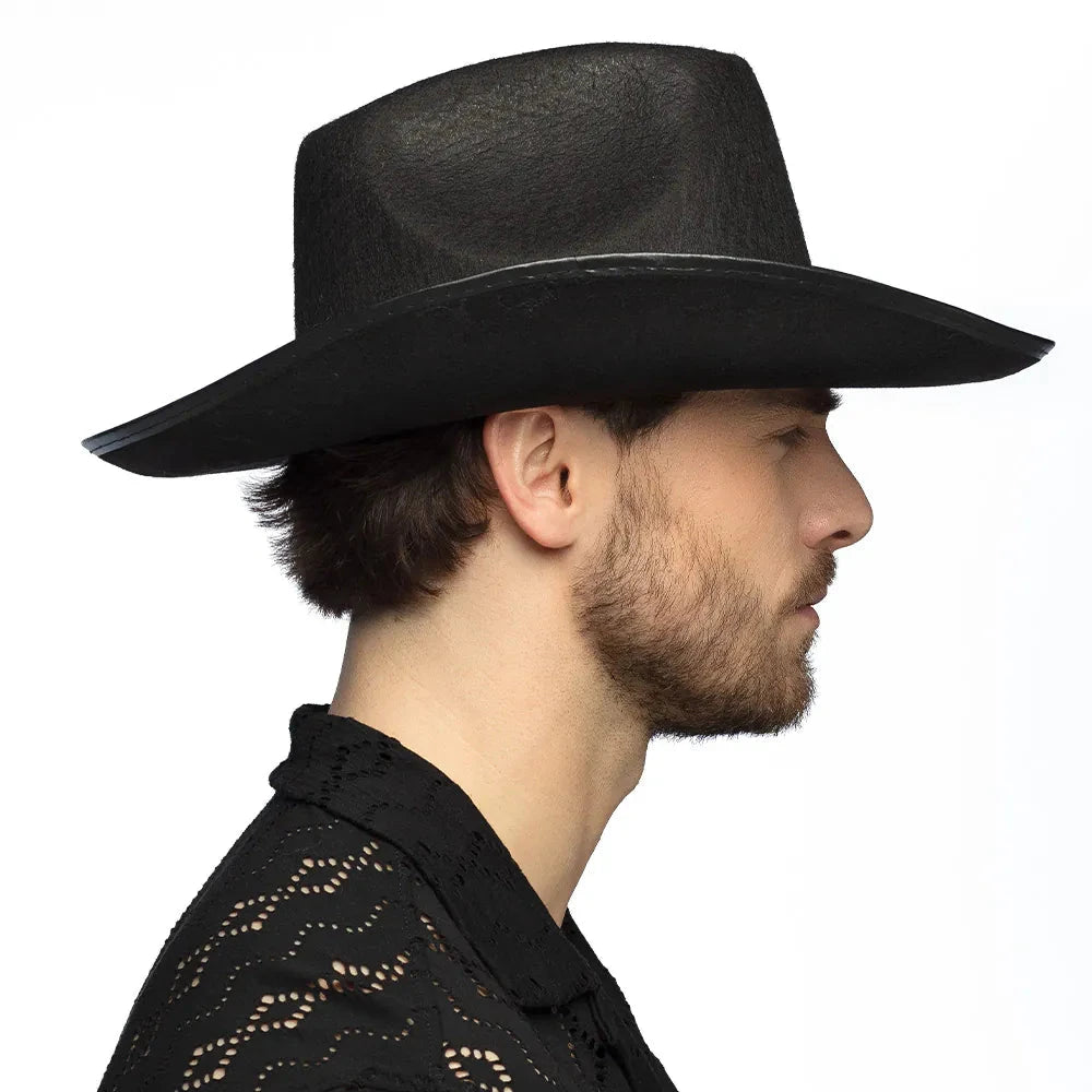 Schwarzer Filz-Cowboyhut mit 24 funkelnden Strasssteinen und verstellbarem Innenband.