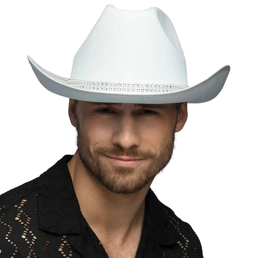 Weißer Cowboyhut mit Strasssteinen, ideal für Festivals und Karneval.