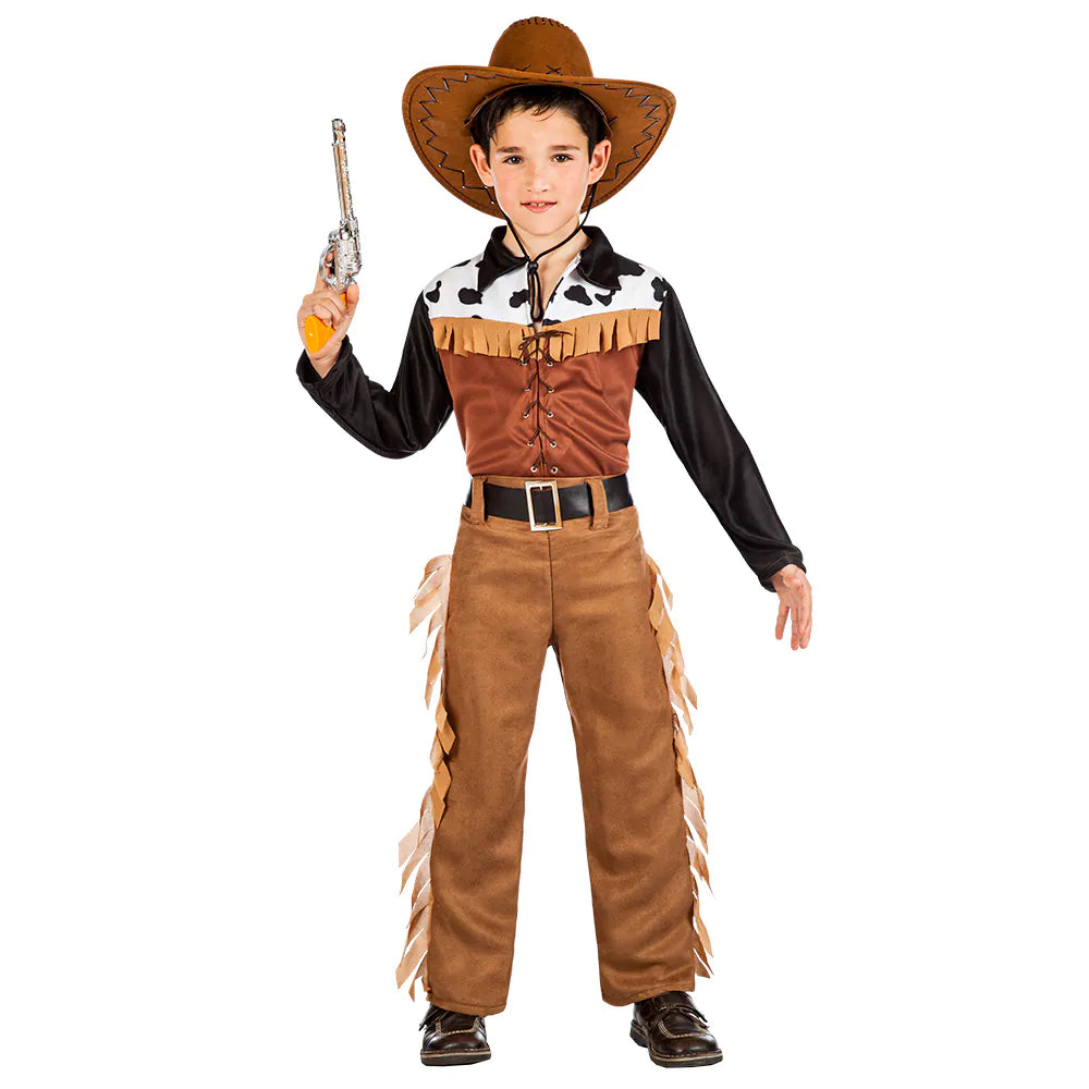 Kinder-Cowboykostüm mit langärmligem Hemd, Fransenhose und passendem Gürtel in Braun und Blau.