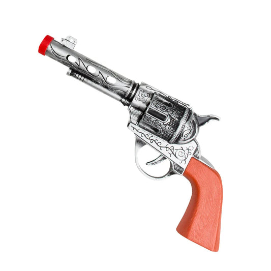 Silberner 20 cm Cowboy Revolver mit sechs Kammern und strukturiertem Griff als Requisite