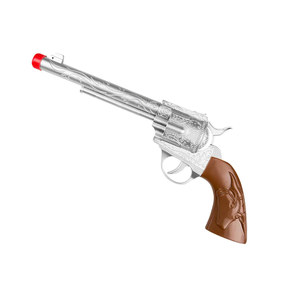 Silberner Cowboy-Revolver aus Metalloptik, 30 cm lang, mit drehbarem Zylinder und ohne Abzug.