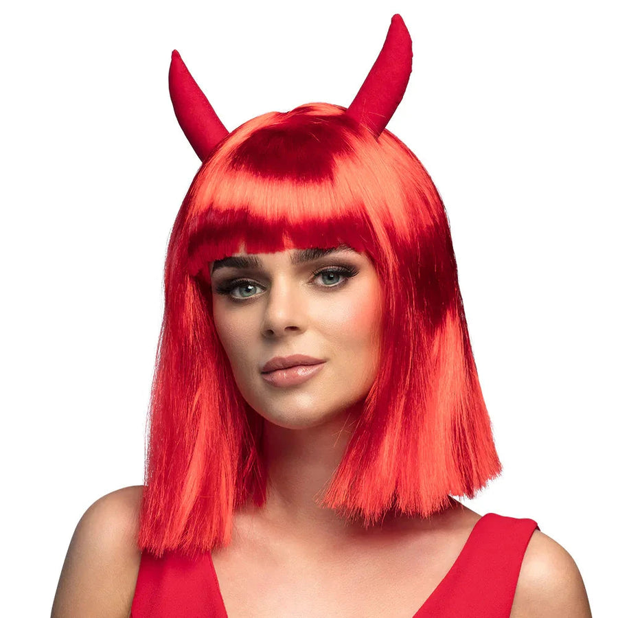 Teufel Perücke Boland – Roter Langer Bob Mit Hörnern - Fasnacht24.ch