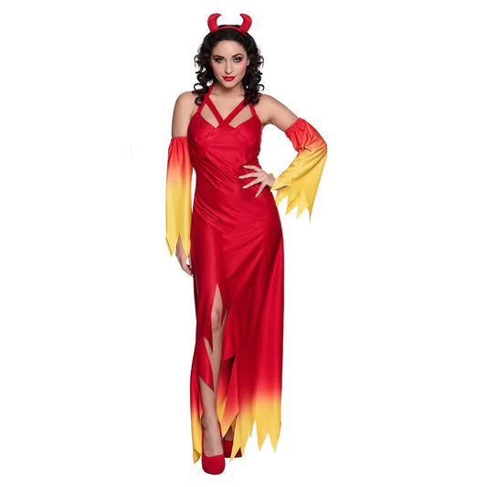 Rotes Kleid mit abnehmbaren Ärmeln und Diadem für das Boland Damen Feuerteufel Kostüm.