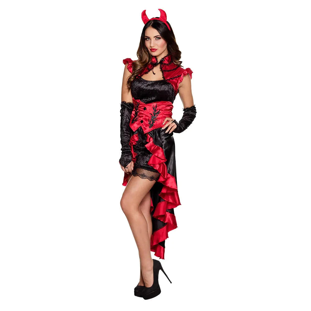 Rotes Kleid mit Diadem und Handschuhen, ideal für ein Gothic-Teufel-Kostüm.
