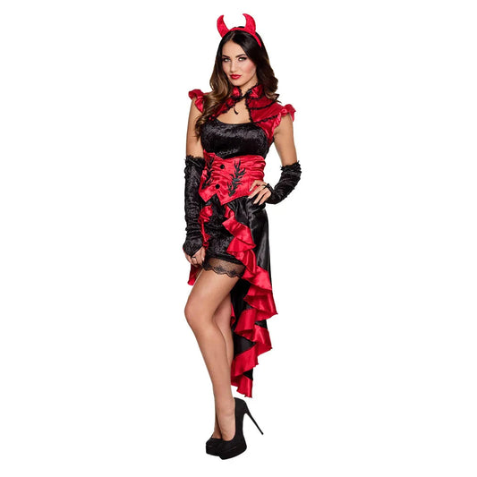 Rotes Kleid mit Diadem und Handschuhen, ideal für ein Gothic-Teufel-Kostüm.