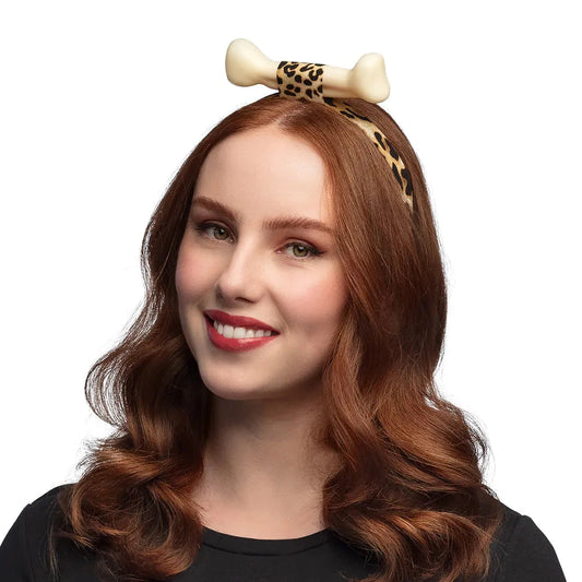 Leopardenmuster Haarreif mit Knochen-Detail im Steinzeit-Stil für Cavewoman-Look