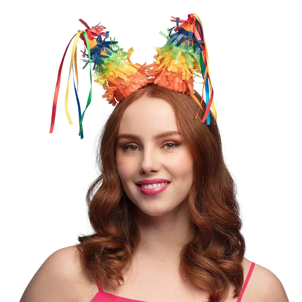 Buntes Karnevals-Haarband mit regenbogenfarbenen Papierstreifen und leichtem Kunststoffband