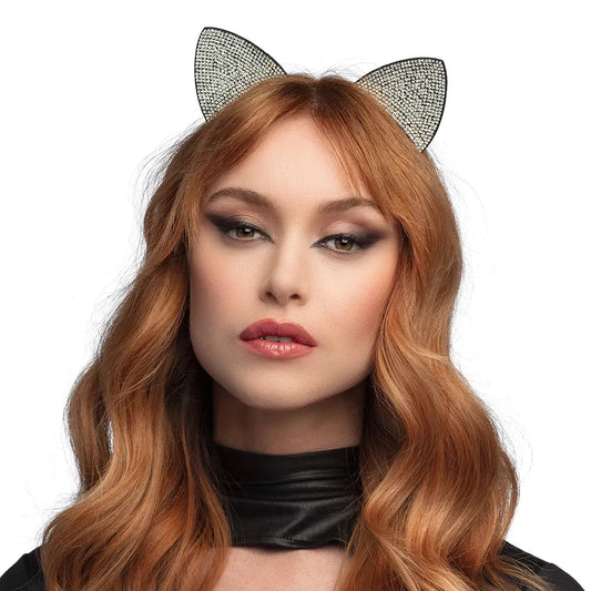 Schwarzer Haarreif mit Katzenohren und funkelnden Strasssteinen auf einem hellen Hintergrund.