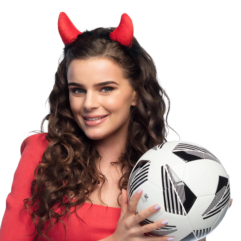 Schwarzer Haarreif mit glänzenden roten Teufelshörnern, ideal für Kostüme und Partys.