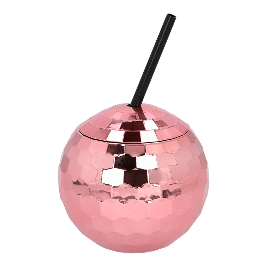 Discokugel Trinkglas Roségold Boland 600ml Kunststoffbecher mit Strohhalm – Detailansicht