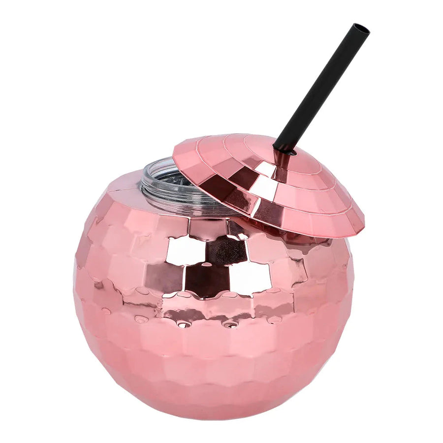 Discokugel Trinkglas Roségold Boland 600ml Kunststoffbecher mit Strohhalm – Produktansicht