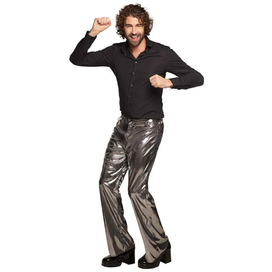 Boland Disco Flared Pants Silber Metallic Mid-Lang M/L Herrenkostüm Fasnacht24.ch – Detailansicht