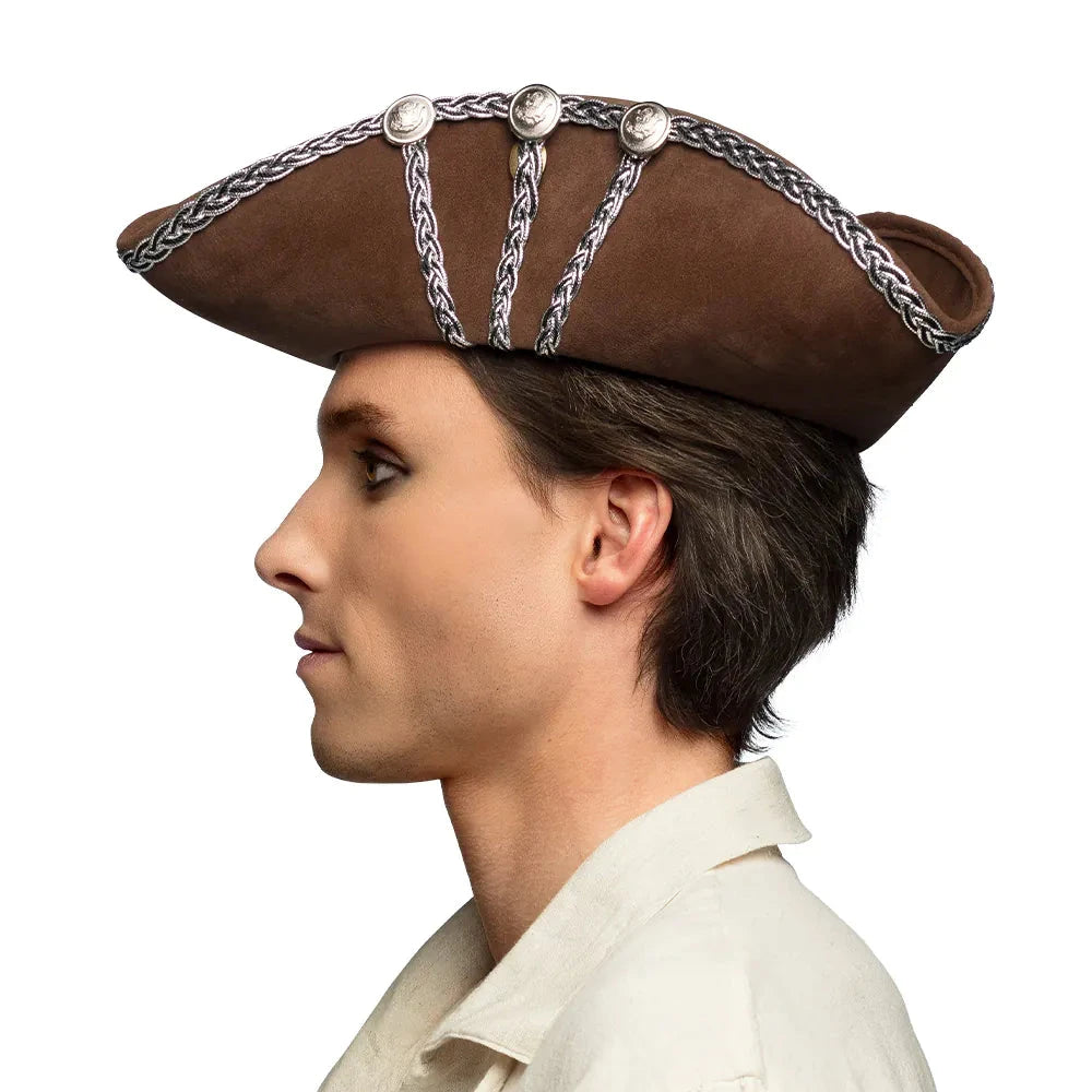 Brauner Piraten-Dreispitz aus Wollfilz mit goldener Stickerei und geflochtenem Rand