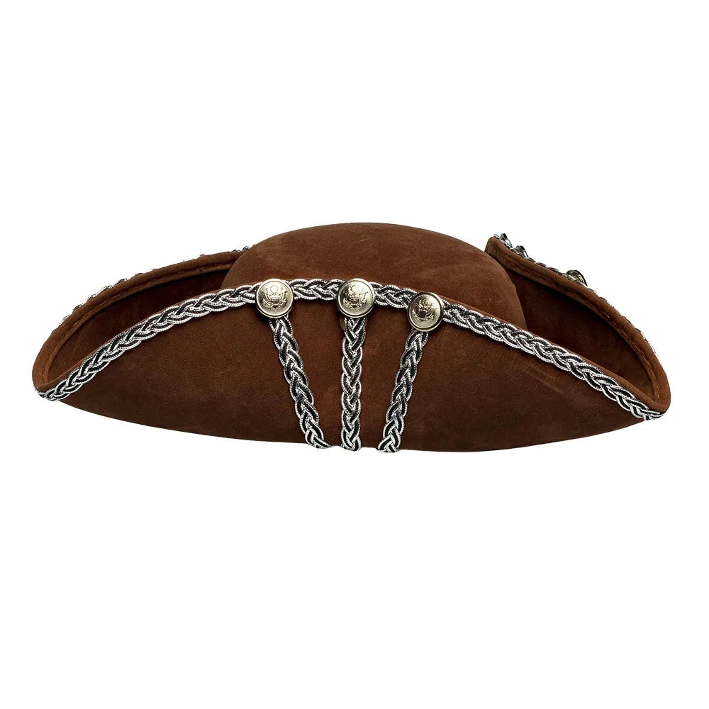 Brauner Dreispitz Piratenhut aus Wollfilz mit goldener Borte und verstellbarem Innenband.