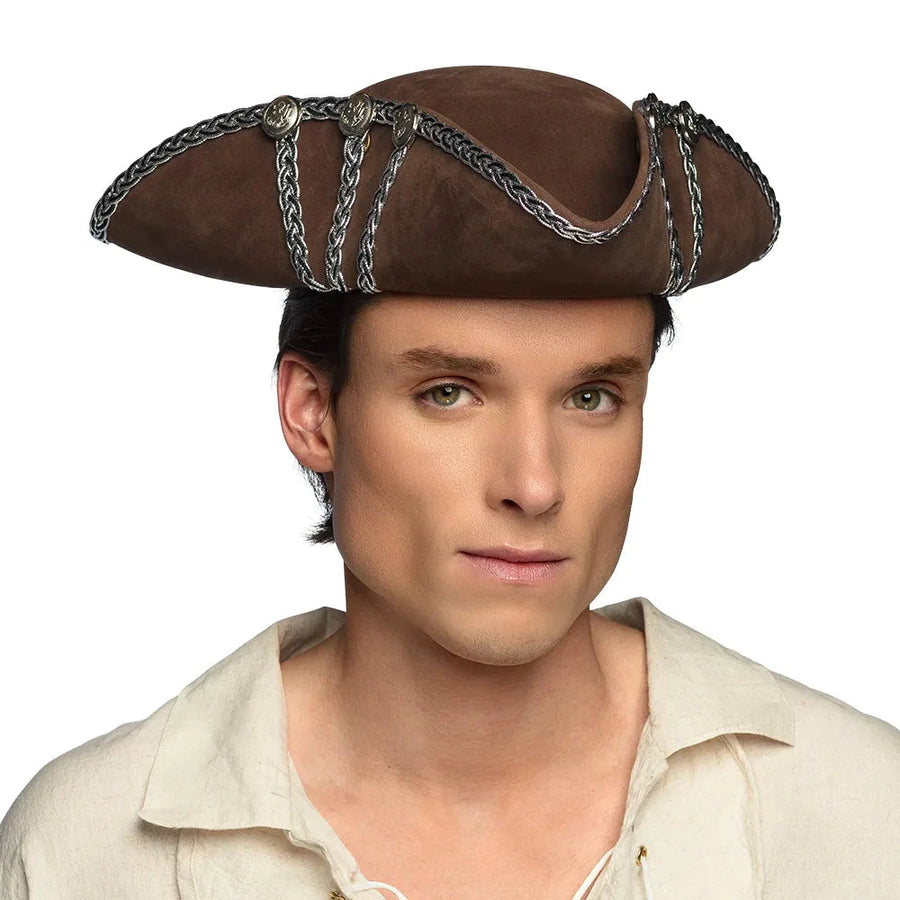Boland Dreispitz Piratenhut Alistair – Brauner Wollfilz mit Goldbesatz - Fasnacht24.ch