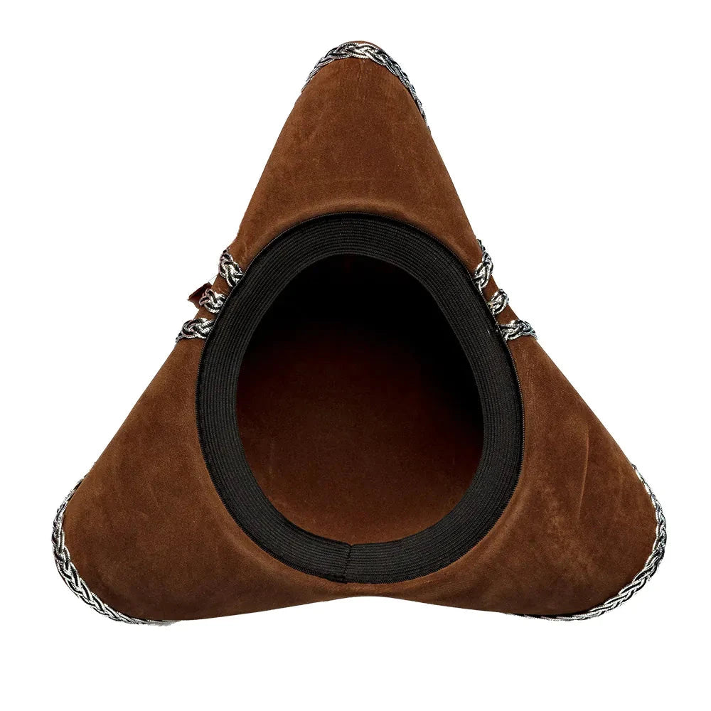 Brauner Piraten-Dreispitz aus Filz mit goldener Borte und verstellbarem Innenband.