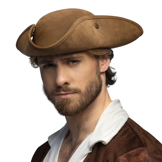 Hellbrauner Dreispitz Piratenhut aus Lederimitat mit verstärkten Nähten für Erwachsene