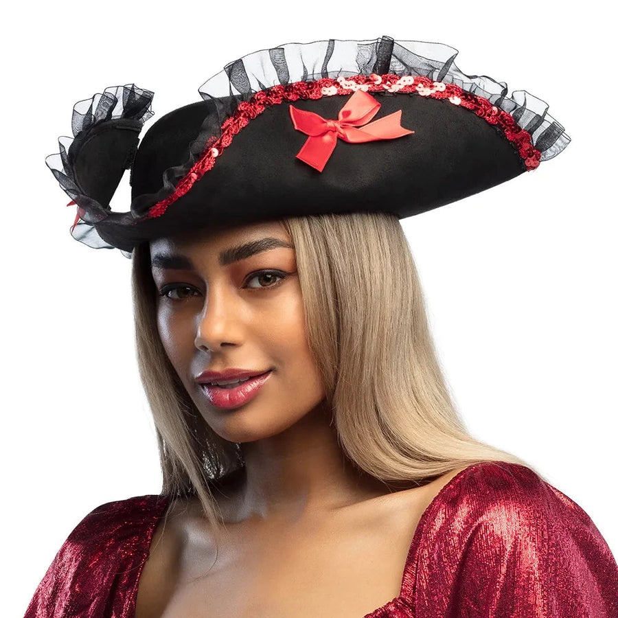 Dreispitz Piratenhut Rachel – Boland Deluxe Schwarz Samt & Gold - Fasnacht24.ch