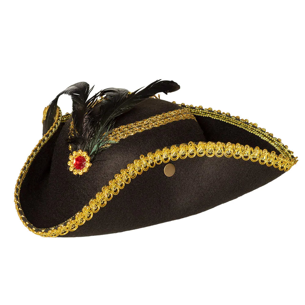 Roter Dreispitz Piratenhut aus Wollfilz mit verstärktem Rand und Satinband in Rubinrot.