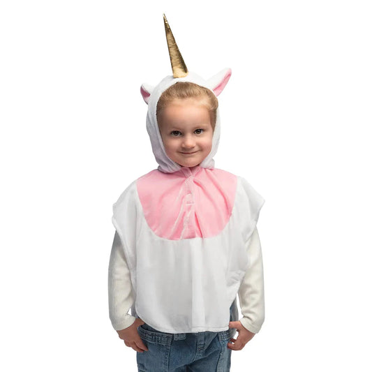 Bunter Einhorn Poncho für Kinder mit Kapuze, goldenem Horn und kuscheligen Ohren.