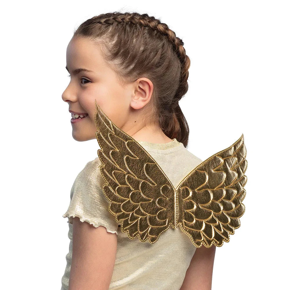 Goldene Engelflügel für Kinder mit schimmerndem Metallicgewebe und verstellbaren Trägern