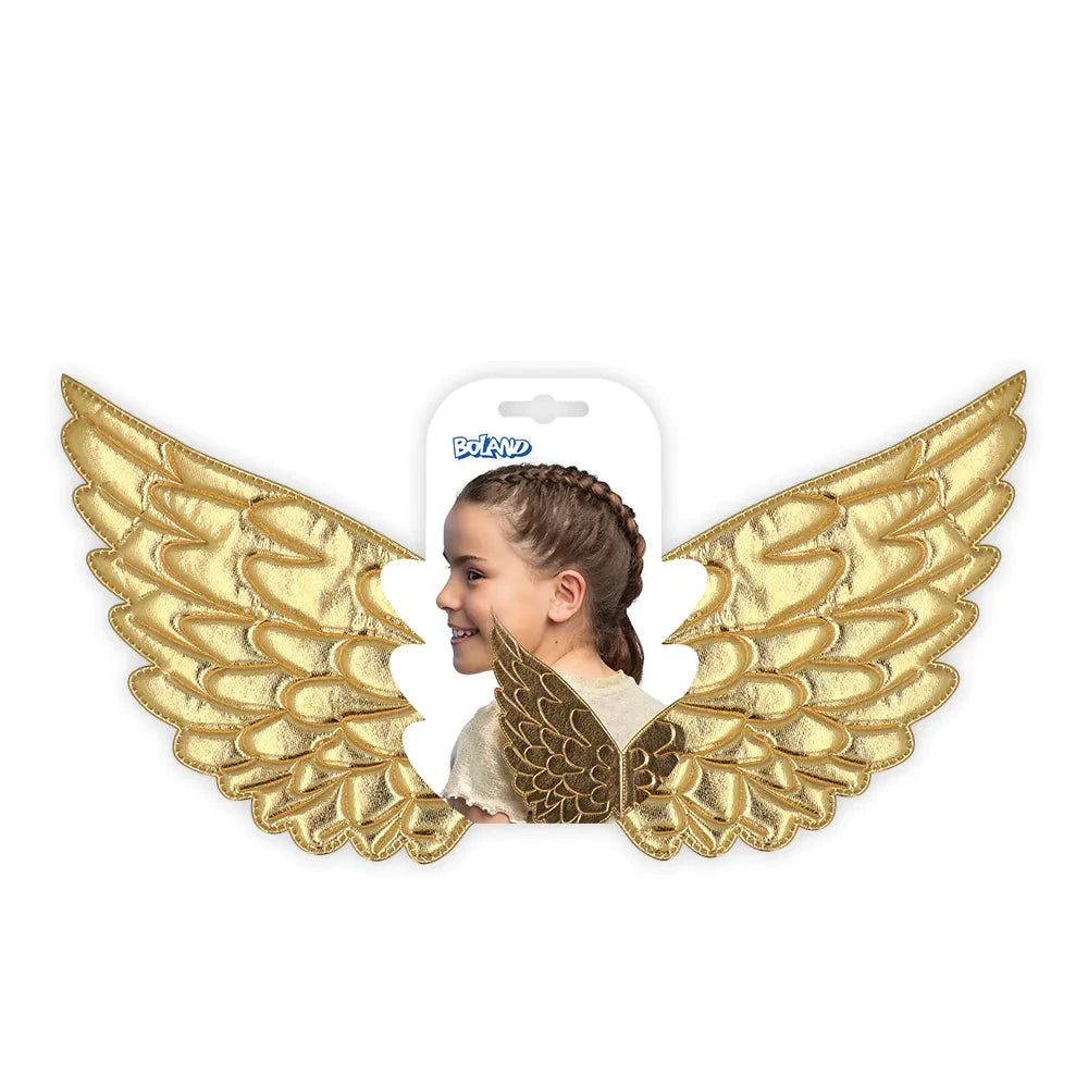 Goldene Engelflügel für Kinder, 23 × 45 cm, mit flexiblen Trägern für Komfort und Glanz.