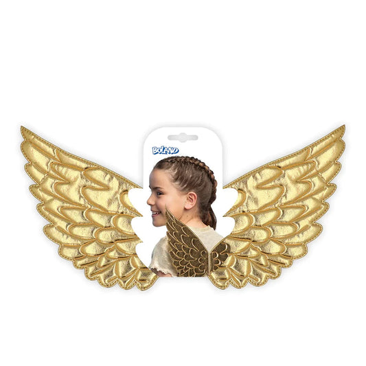 Goldene Engelflügel für Kinder, 23 × 45 cm, mit flexiblen Trägern für Komfort und Glanz.
