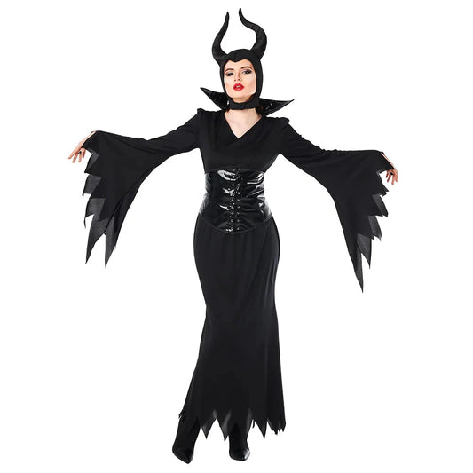 Schwarzes Evil Queen Kostüm mit Samtkleid, Korsett und Kronen-Haarreif für Damen.