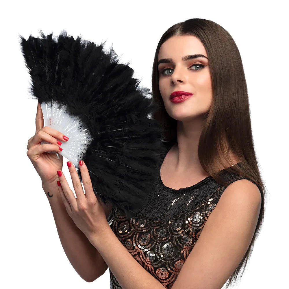 Schwarzer Fächer aus Straußenfedern, 23 cm, im Vintage-Stil für elegante Anlässe.