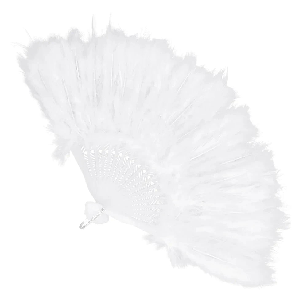 Weißer Fächer aus Federn mit 23 cm Durchmesser im Vintage-Stil der 1920er Jahre.