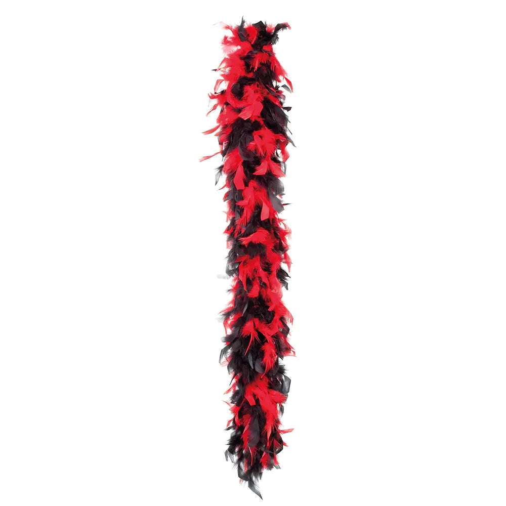 Rote und schwarze Marabou-Federboa, 1,80 m lang und leicht, mit fließendem Design.