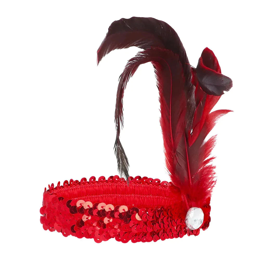 Rotes Boland Flapper Deluxe Kostüm Set mit Federkopfbedeckung, Spitzenhandschuhen und Perlenkette.