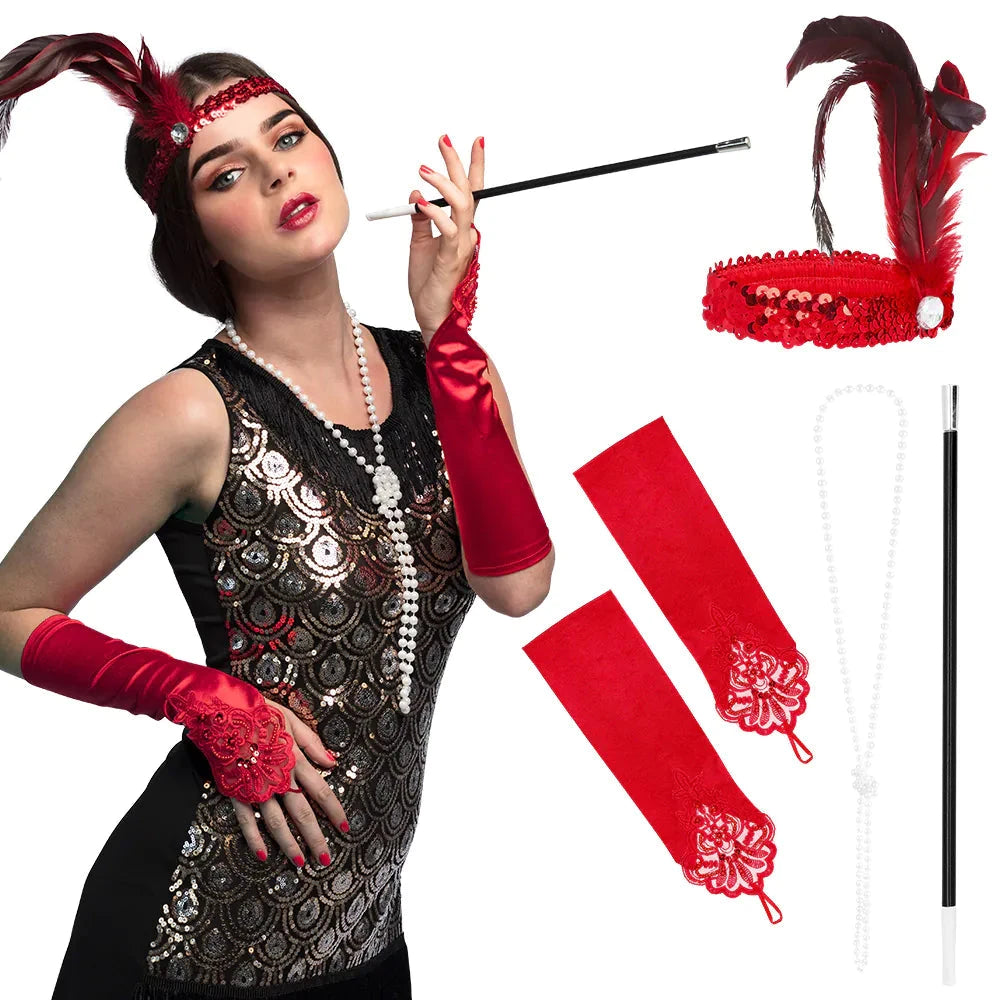 Rotes 1920er Jahre Flapper Kostüm mit Federstirnband, Spitzenhandschuhen und Perlenkette