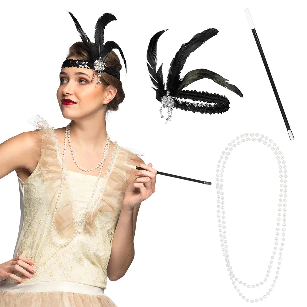 Boland Flapper Kostüm Set mit Stirnband, Halskette und Zigarettenspitze in glamourösem Design.
